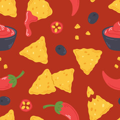Seamless pattern with nachos snack, salsa sauce and peppers in cartoon flat style on a red background. Vector illustration of a background with traditional Mexican food