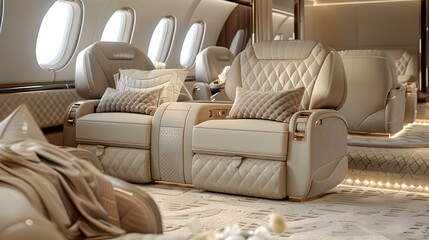 Fototapeta premium Sleek and luxurious private jet interior, featuring plush leather seats with quilted detailing, complementing the light beige color scheme of elegant carpet flooring.