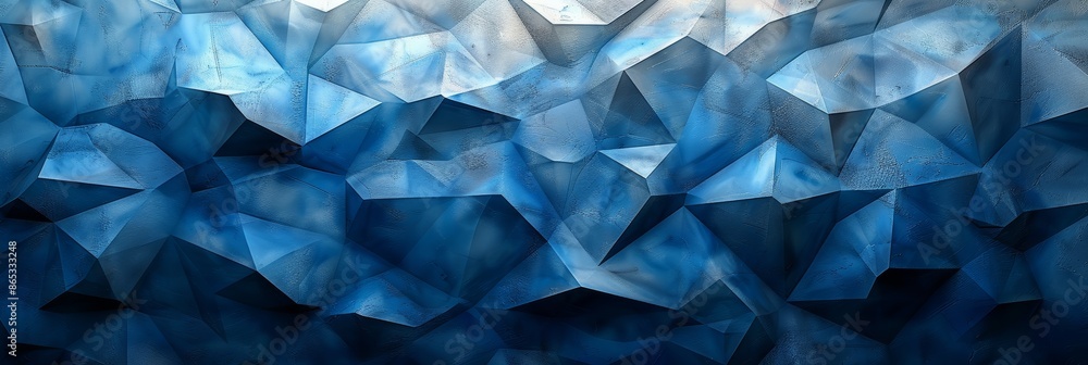Poster abstract geometric background with blue triangular facets forming a modern, dynamic mosaic
