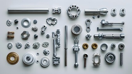 Obraz premium The knolling of mechanical parts in aluminum and stainless steel, presented in a flat lay on a white background, with a hyper realistic photographic style.
