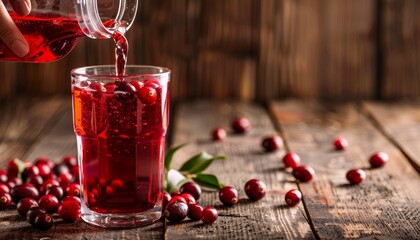Woman pouring cranberry juice from bottle into glass on wooden background