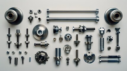 Obraz premium The knolling of mechanical parts in aluminum and stainless steel, presented in a flat lay on a white background, with a hyper realistic photographic style.
