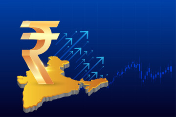 Stock market or stock exchange or financial technology concept banner, poster or web background with golden rupee icon and trading background. 