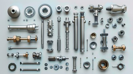 Fototapeta premium The knolling of mechanical parts in aluminum and stainless steel, presented in a flat lay on a white background, with a hyper realistic photographic style.