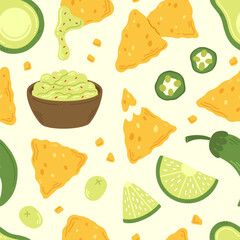 Seamless pattern with nachos snack, guacamole and jalapeno peppers in cartoon flat style on a white background. Vector illustration of a background with traditional Mexican food