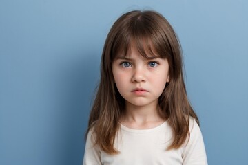 Fototapeta premium Young girl with angry or dissatisfied face standing against a blue background with copy space.