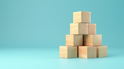 Obraz premium Metaphorical wooden block construction on blue background depicting success and achievement