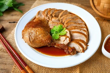Stewed duck , steamed duck sliced on a white plate, top view food table, wooden background