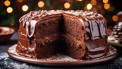 Photograph a decadent chocolate cake with a slice cut out, showing the rich