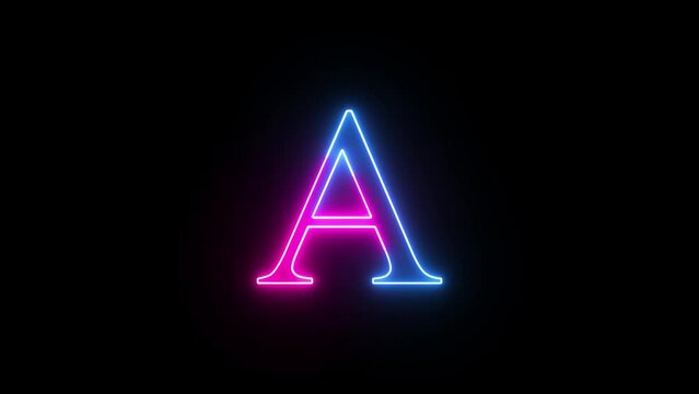 Neon capital letter alphabet A animation.  Purple and blue neon font letter A on black background. Educational concept