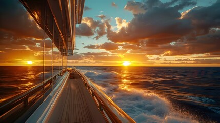 Obraz premium The yacht, overlooking the ocean at sunset with dramatic clouds and waves crashing against it's hull, a photo taken from inside looking out to sea, the sun setting across the water.
