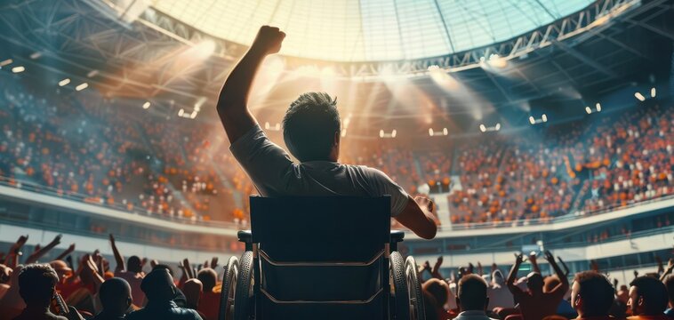 The backdrop of a sports arena filled with spectators cheering on a disabled athlete as they showcase their determination and inspiration