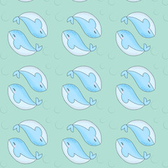 seamless pattern with whales.
Two blue whales swimming in a beautiful circle.  If used for decoration or for something use  The work will definitely be beautiful.