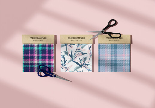 Top View of Fabric Swatches with Scissors Mockup