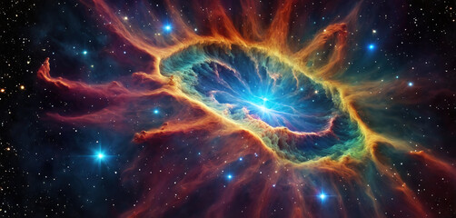 Illustrative depiction of a bright supernova explosion, the end of a star in the universe