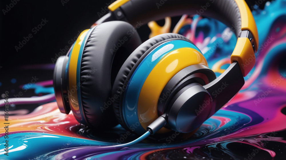 Wall mural multi-colored liquid flows over a headphones abstract wallpaper