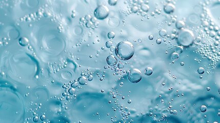 Water drops on a light blue background, bubbles and foam in the texture of water, a macro close up view of a fresh clean surface with air caustics.