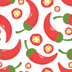 Seamless pattern with red peppers in cartoon flat style on a white background. Vector illustration of a chili pepper background.