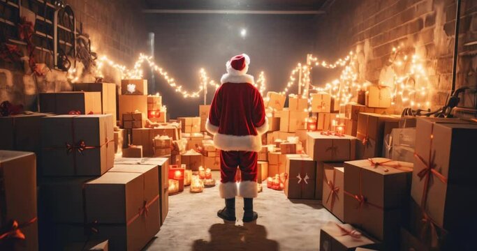 Christmas gift delivery Santa Claus standing in shop warehouse storage full of cardboard present boxes concept of logistic e-commerce e-business holiday package goods shipping service