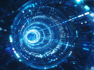 Fototapeta premium An abstract digital vortex with blue light particles swirling around a central point
