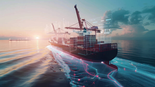 Futuristic cargo ship with digital interface cruising at sunset on calm ocean waters - Powered by Adobe