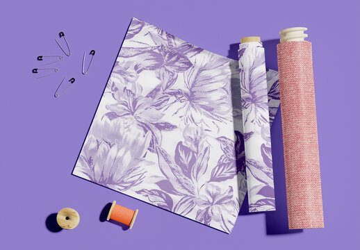 Fabric Rolls and Sewing Tool Mockup 