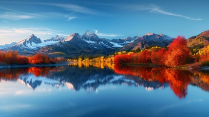 Panoramic View of Serene Mountain Landscape with Vibrant Autumn Foliage Reflecting on a Tranquil Lake at Sunset, background wallpape