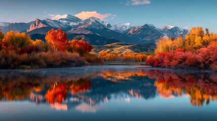 Obraz premium Panoramic View of Serene Mountain Landscape with Vibrant Autumn Foliage Reflecting on a Tranquil Lake at Sunset