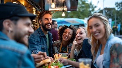 Obraz premium Group of Friends Enjoying Lively Street Food Gathering at Food Truck