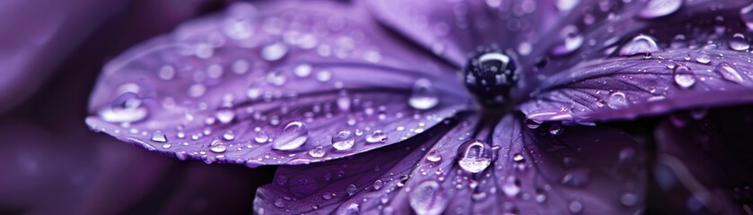 A purple flower with water droplets on it. The droplets are small and scattered, giving the impression of a light rain. The flower is the main focus of the image