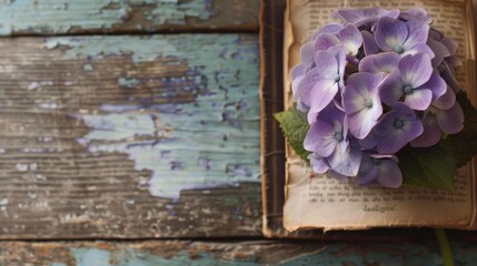 A bouquet of purple flowers sits on top of a book. The flowers are arranged in a way that they are almost hidden by the book, but their beauty is still visible. Concept of calm and serenity