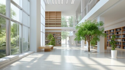 Spacious modern library with tall bookshelves and natural light
