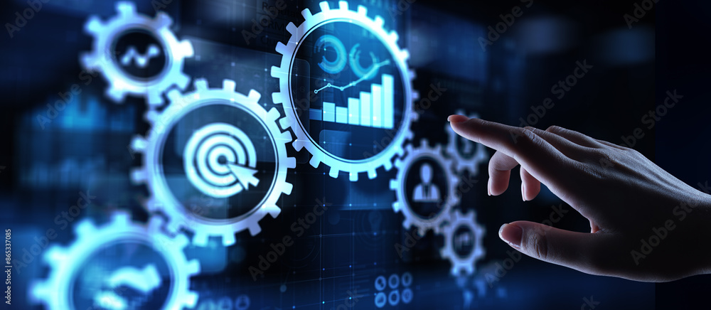 Poster business process management, automation workflow, document validation, connected gear cogs with icon