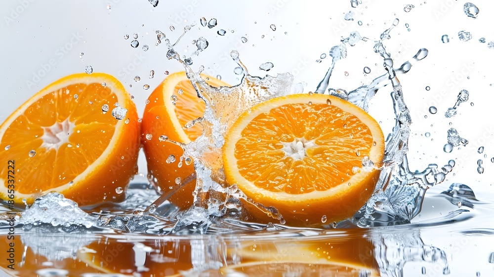 Poster splashing orange slices in refreshing water creating circular ripples
