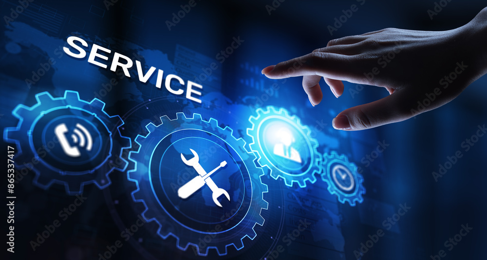 Poster service support customer help call center business technology button on virtual screen.
