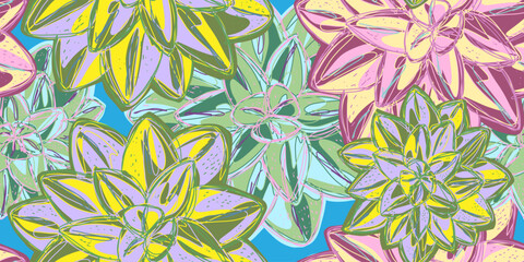 Fototapeta premium Fantasy stylized floral pattern succulents desert rose, seamless endless vector rapport with overlapping pattern