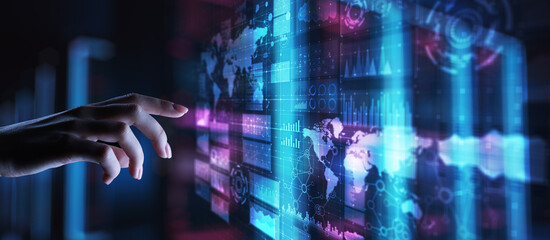 Business intelligence dashboard with graph and icons. Big data. Trading and investment. Modern technology concept on virtual screen.