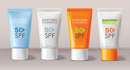 Realistic sunscreen bottle cosmetics, isolated product, packaging mockup, pastel background, vector
