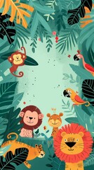 Playful Jungle Themed Greeting Card Template for Kids with Cute Animals and Lush Foliage