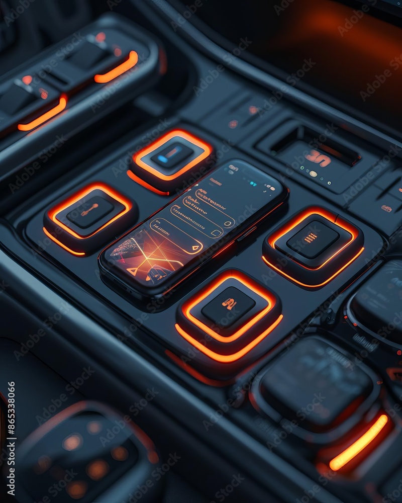 Poster modern car control panel with illuminated buttons and smartphone displaying navigation. high-tech da