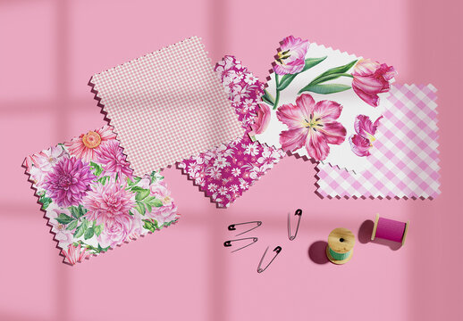 Square Fabric Swatch and Sewing Tool Mockup 