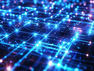 Fototapeta premium High-tech digital grid with glowing blue lines and nodes, futuristic, minimalistic, clean lines, highly detailed