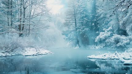 Snow-covered trees by a misty frozen lake in serene winter forest landscape