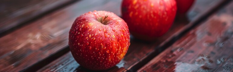 Fresh apples with water, droplets on a wooden surface