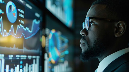 Black Businessman looking at Trading Charts