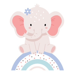 Cute baby elephant, sitting on a rainbow.Postcard in Scandi style. Kids kindergarten flat vector illustration