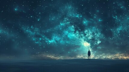 A lone figure stands under a breathtaking starry sky, gazing at the majestic expanse of the universe on a serene night.