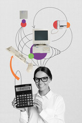 Vertical photo collage of happy businesswoman hold calculator count price office supplies pc mouse keyboard isolated on painted background