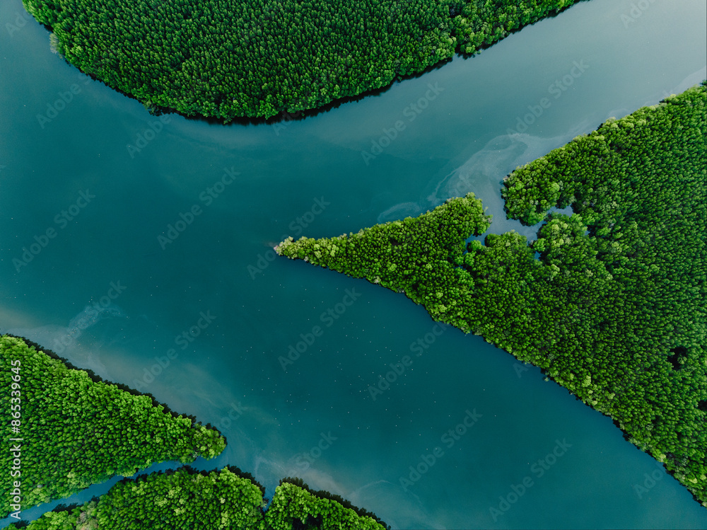 Wall mural view from above, aerial shot, stunning view of ao phang nga (phang nga bay) national park with a riv