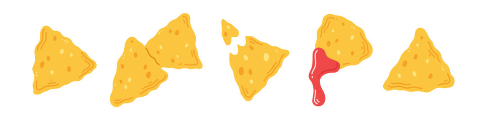 A set of Mexican snack nachos in a flat cartoon style isolated on a white background. Vector clipart illustration of Mexican traditional food.